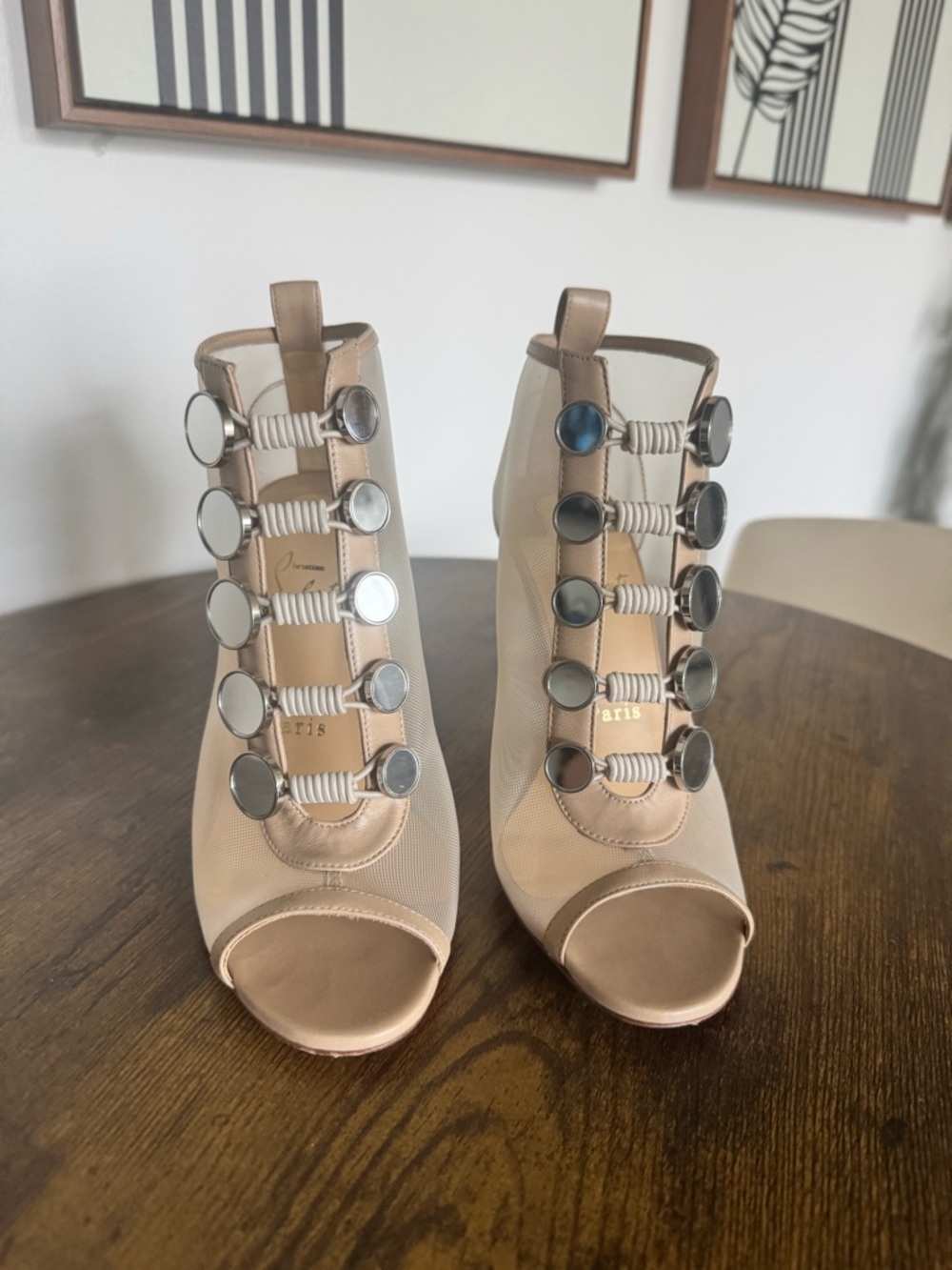Christian Louboutin Nude Mesh Peep-Toe Booties with Silver Disc Accents